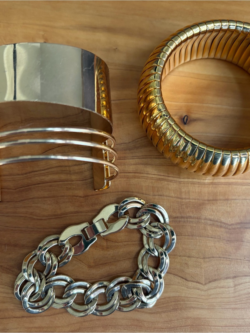 Gold Tone Cuff & Stretch Bracelet Set with Chunky Chain